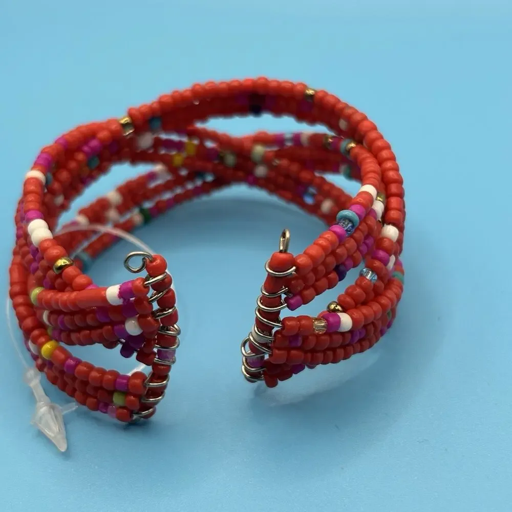 Red Multicolored Multi Strand Beaded Coil Bracelet Cuff‎ Bangle 6